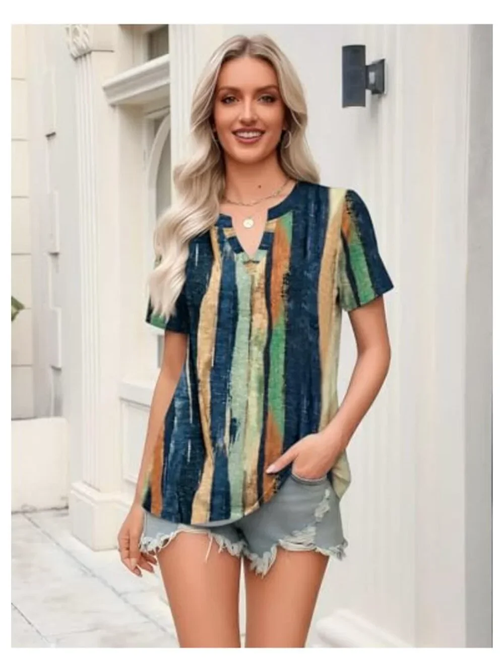 Women's Short Sleeve V-Neck Tunic Blouse High-Low Hem Loose Fit